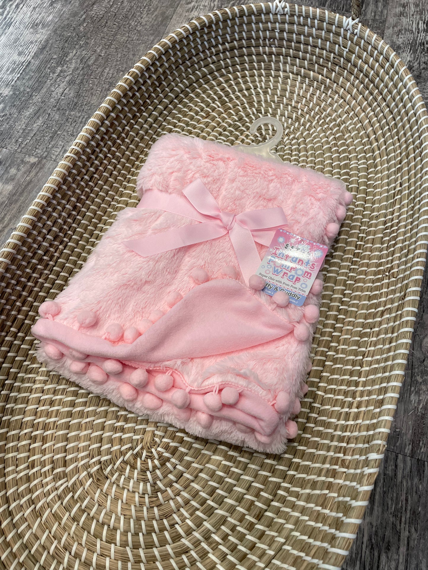 Personalised pink deluxe pom pom baby wrap blanket