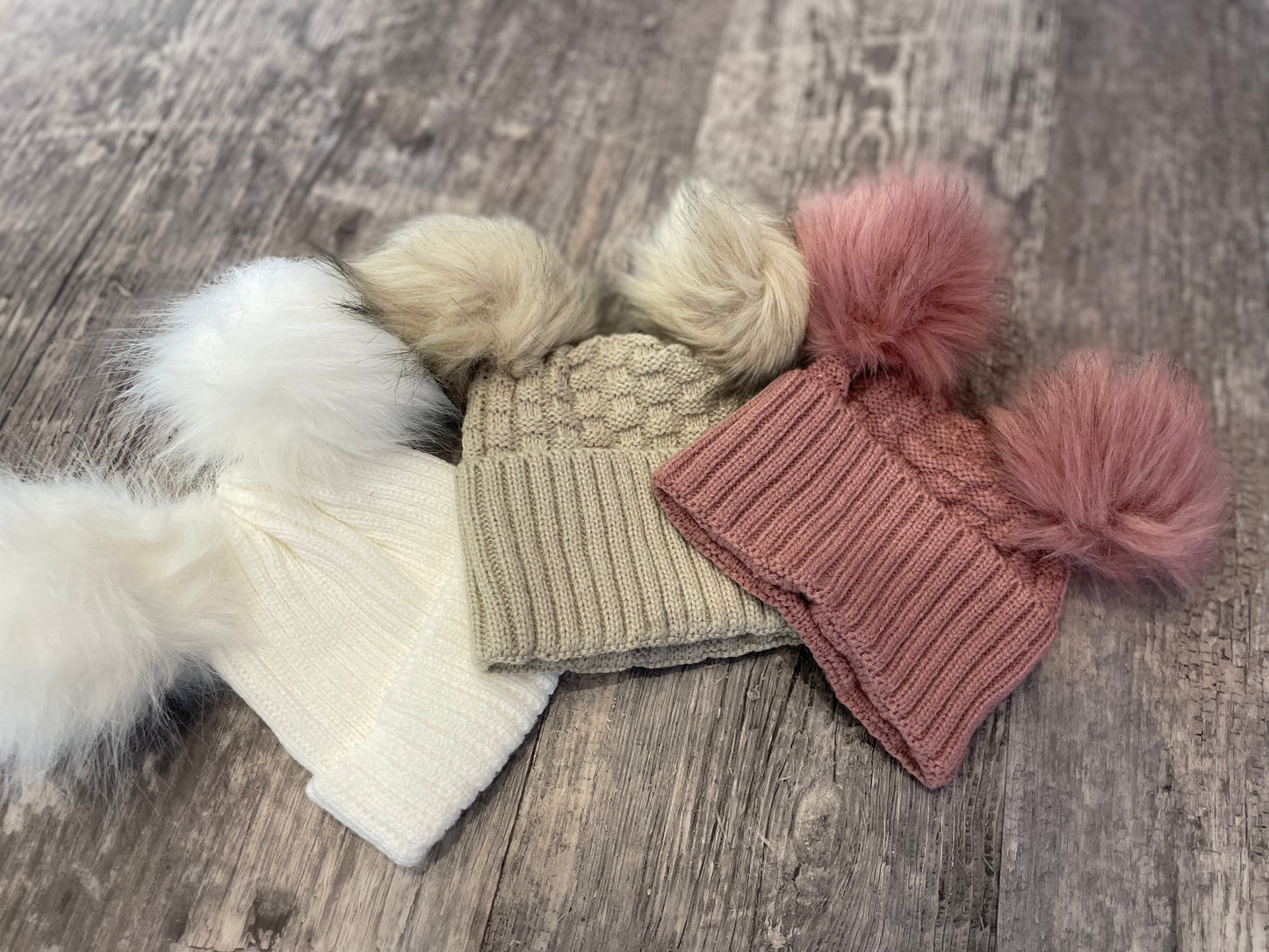 Personalised dusty rose fluffy double pom pom hat