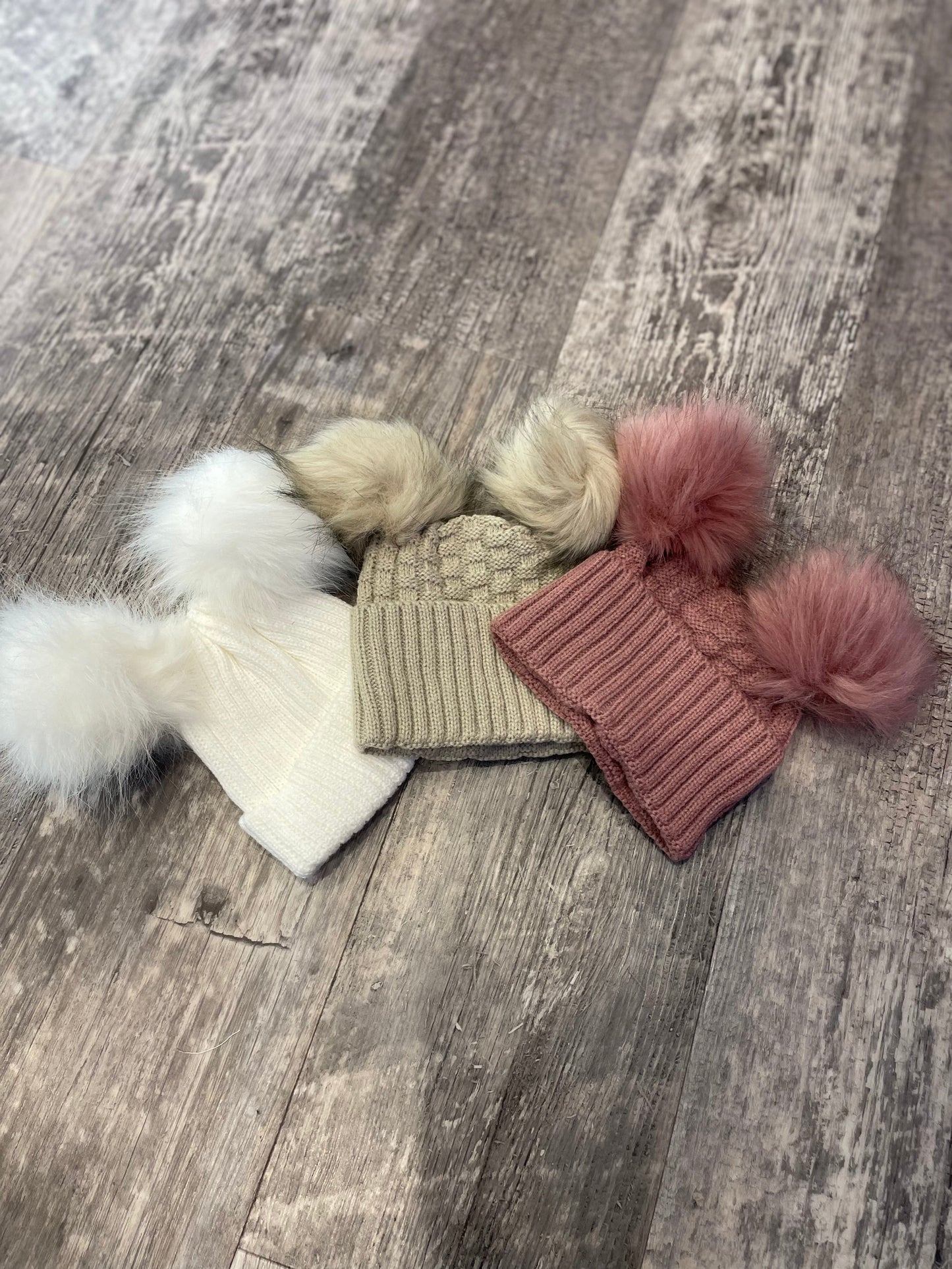 Personalised dusty rose fluffy double pom pom hat