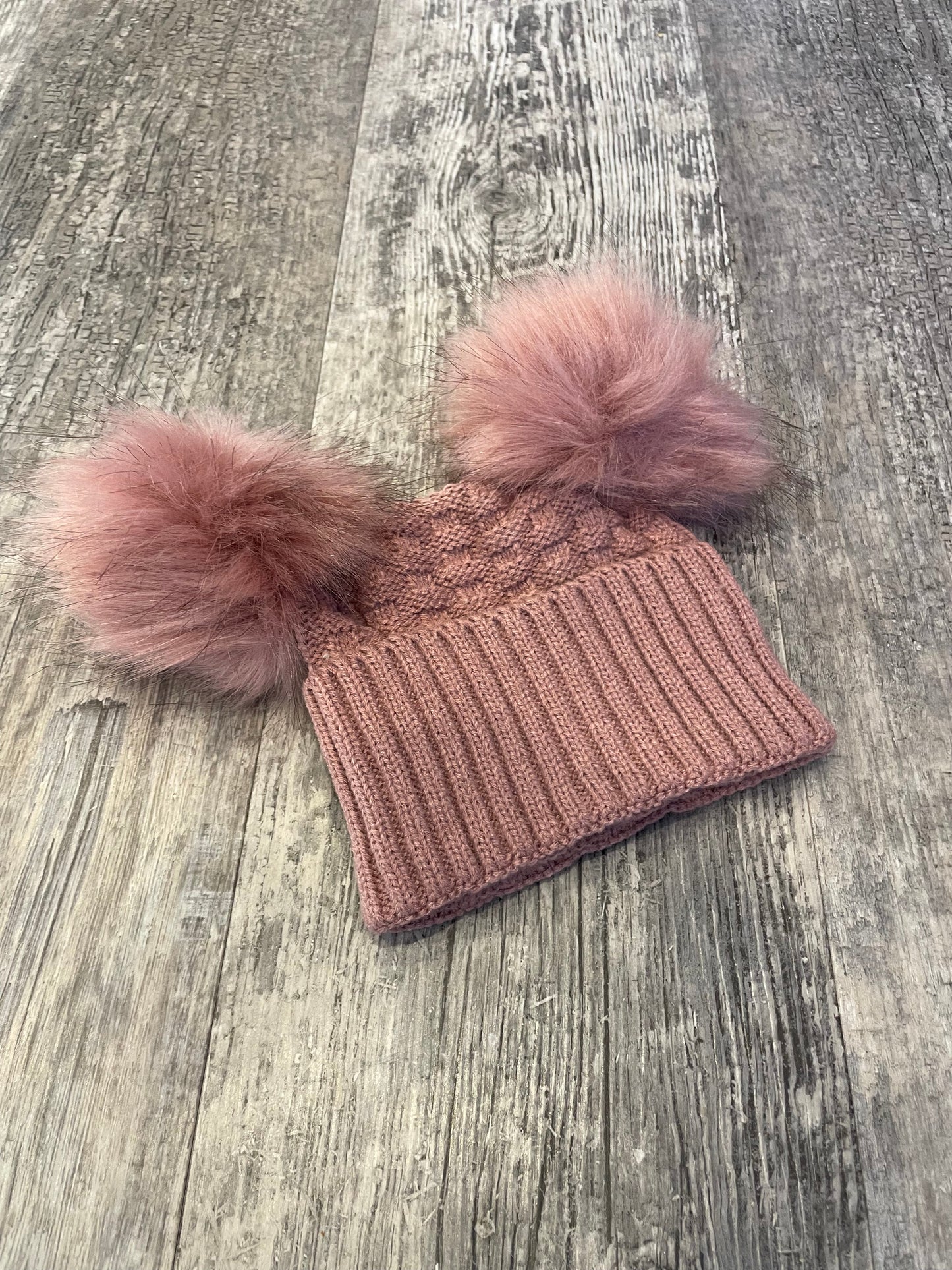 Personalised dusty rose fluffy double pom pom hat