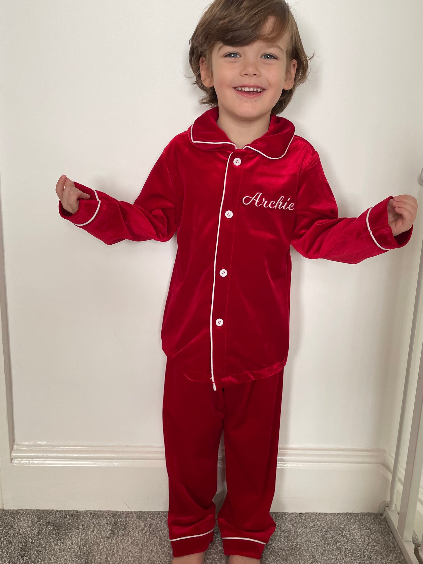 Personalised luxury red velvet boys pyjamas
