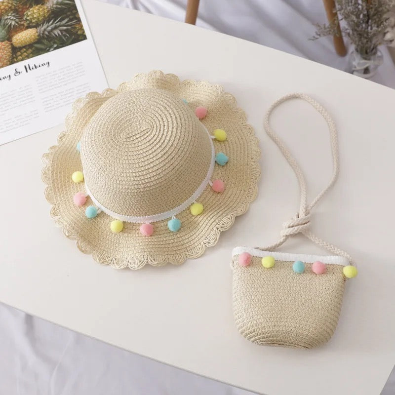 Pom pom straw hat and bag set