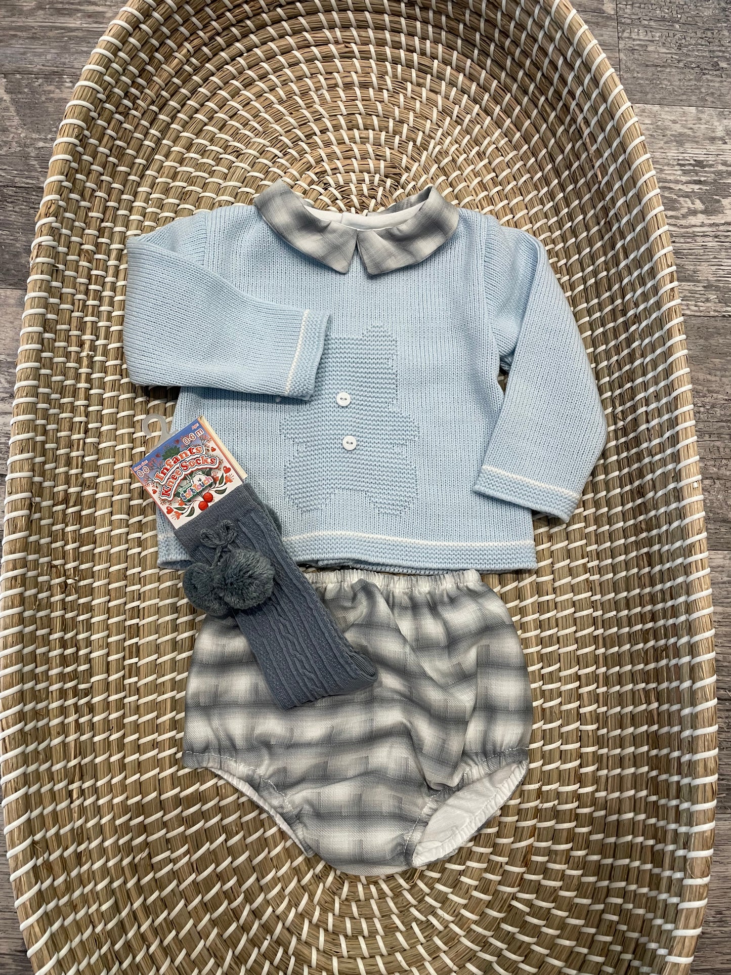 Steel blue knee high pom pom socks