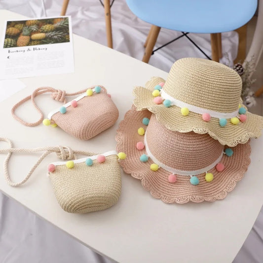 Pom pom straw hat and bag set