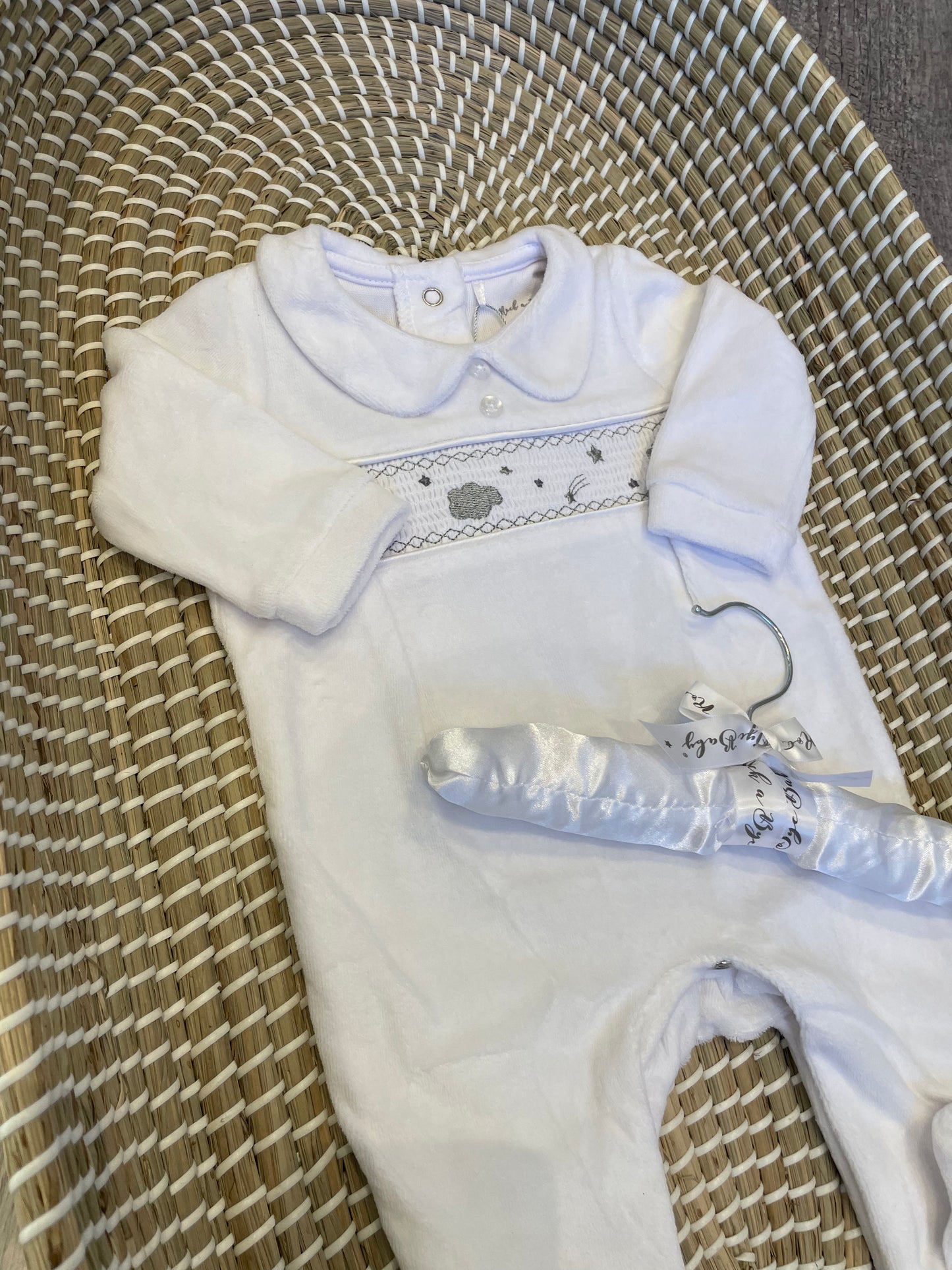 Smocked clouds & stars velour onesie - white