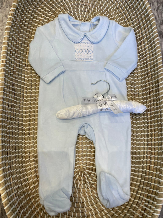 Smocked front velour onesie - blue