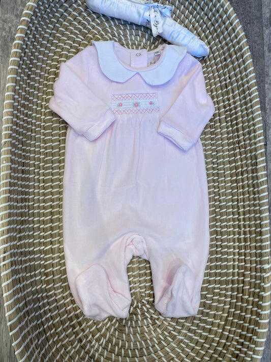 Smocked rose buds velour onesie - Pink