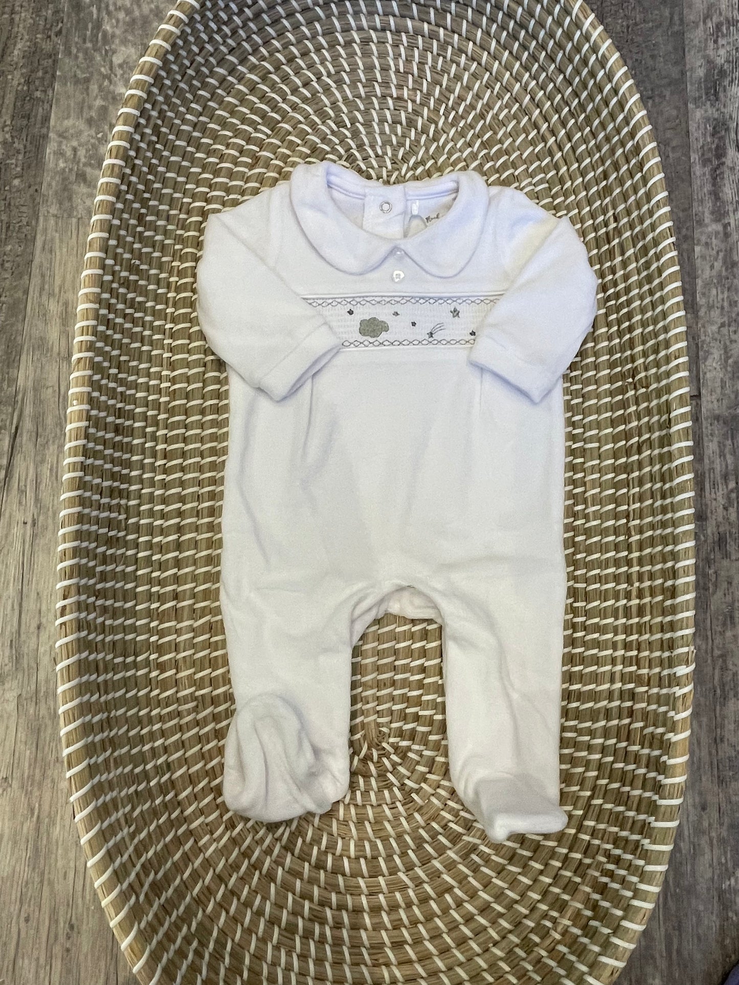 Smocked clouds & stars velour onesie - white