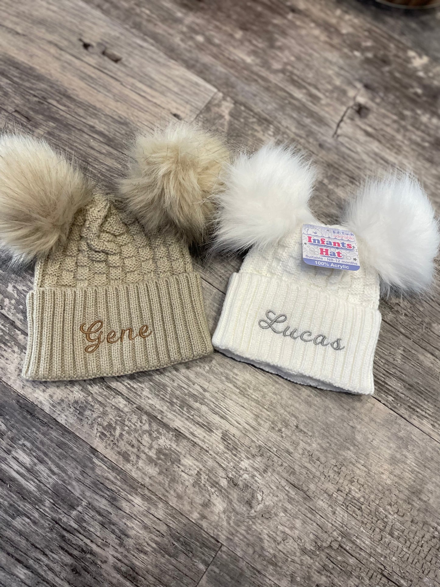 Personalised biscuit fluffy double pom pom hat