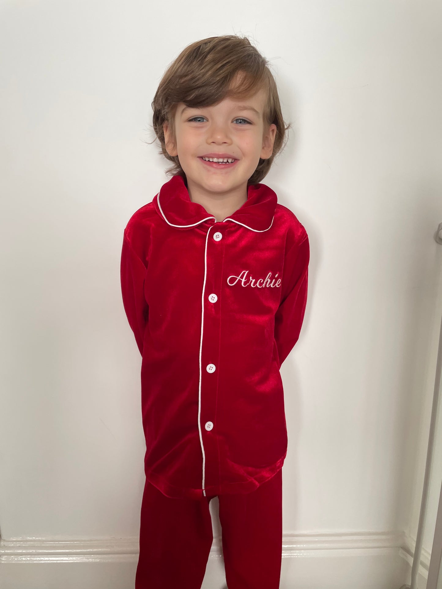 Personalised luxury red velvet boys pyjamas