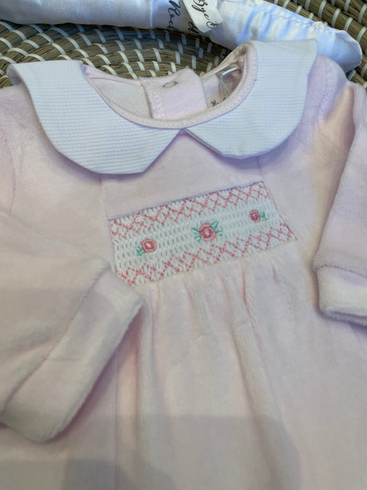 Smocked rose buds velour onesie - Pink